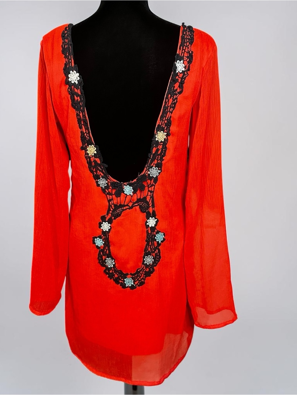 R Cinco Ranch Dilli Tunic Dress S Coral Red Backless Crochet Lace Boho